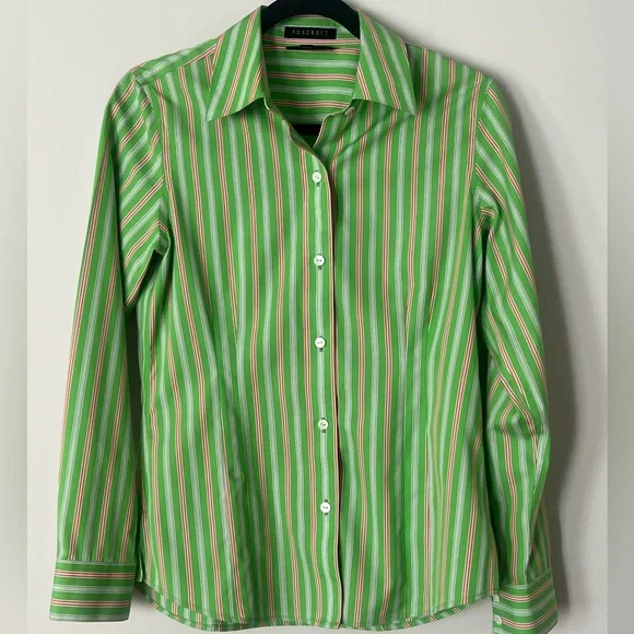 Foxcroft Pink & Green Striped 100% Cotton Preppy Non-Iron Slim Fit Button Down - Picture 1 of 6